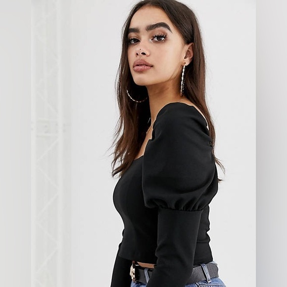 ASOS Design Black Puff Sleeve Long Sleeve Crop Top (Size 0) - Picture 7 of 8